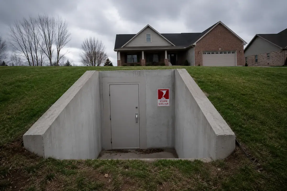 Below-grade underground concrete storm shelter with a steel entry door at an Oklahoma home